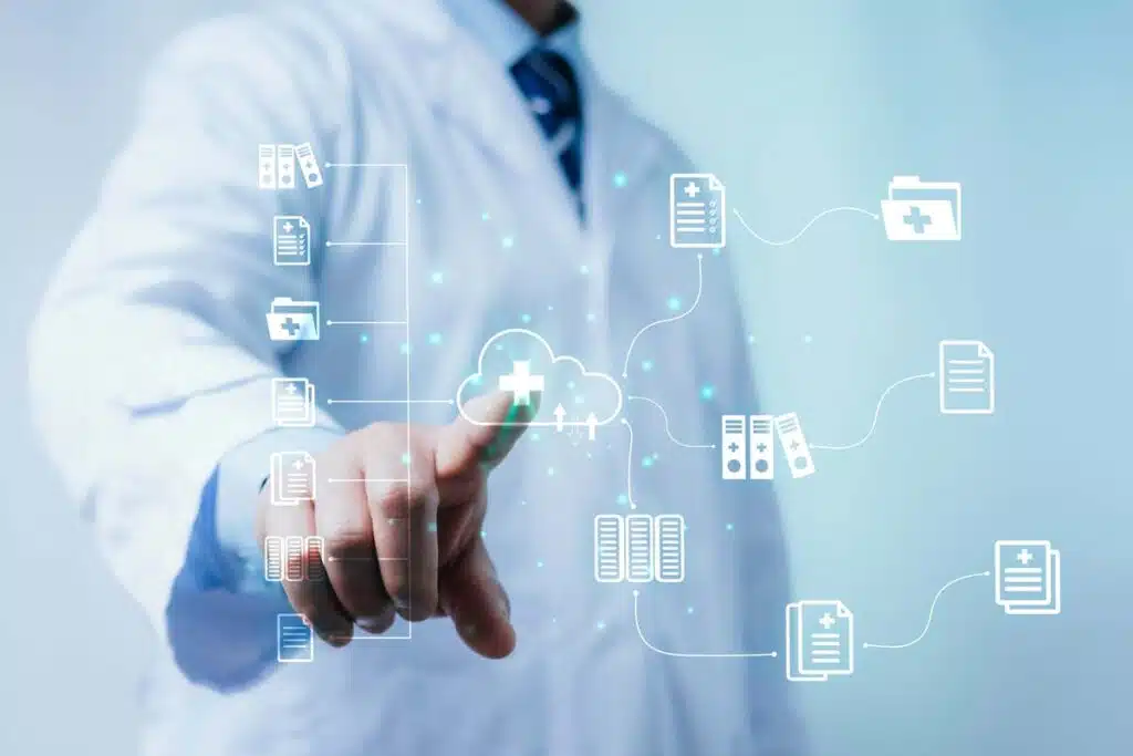 A doctor in a white lab coat with a patient data concept overlay, representing the ReproSource Fertility Diagnostics data breach settlement.