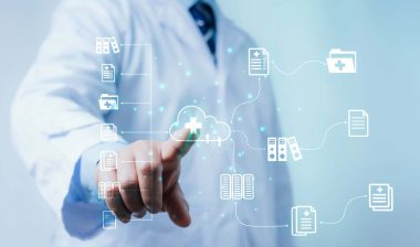 A doctor in a white lab coat with a patient data concept overlay, representing the ReproSource Fertility Diagnostics data breach settlement.