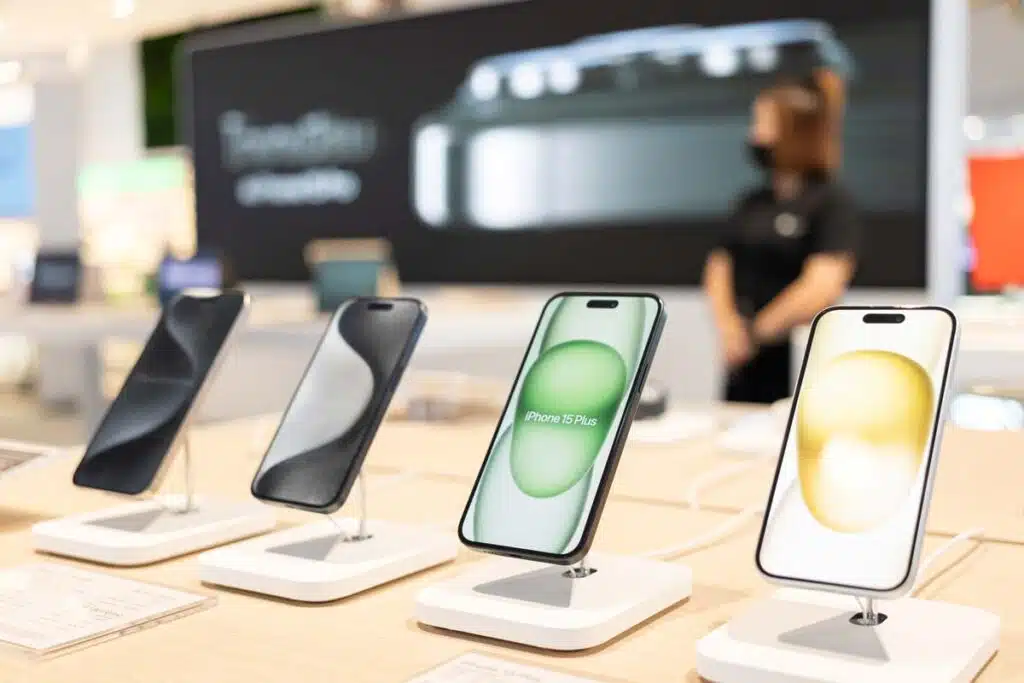 Close up of iPhones for sale on display in an Apple store, representing the Apple antitrust lawsuit.