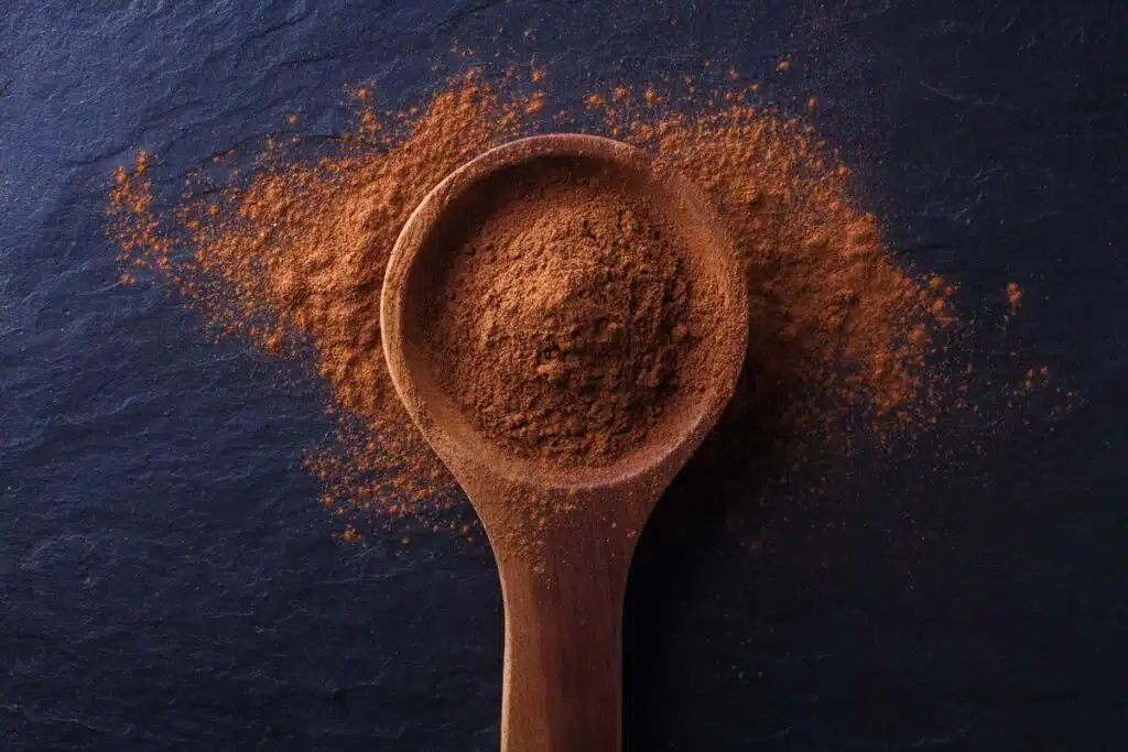 Close up of a wooden spoon filled with cinnamon, representing the cinnamon recalls.