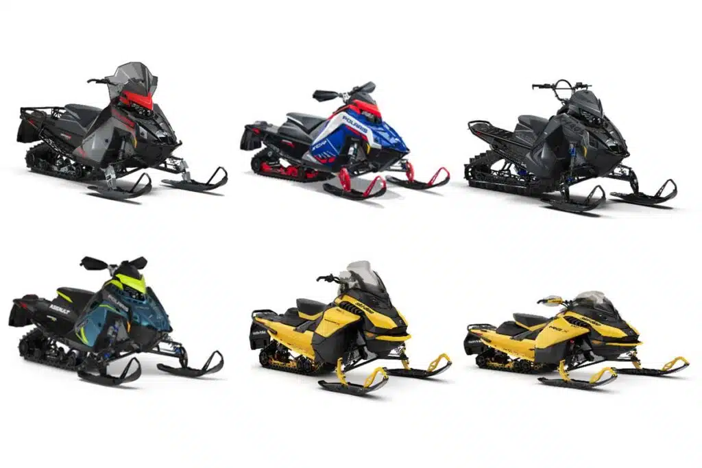 Product photos of some of the recalled snowmobiles by Polaris and Bombardier, representing the snowmobiles recall.