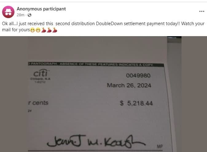 DoubleDown2ndDistributionFB3-29-24 settlement payments