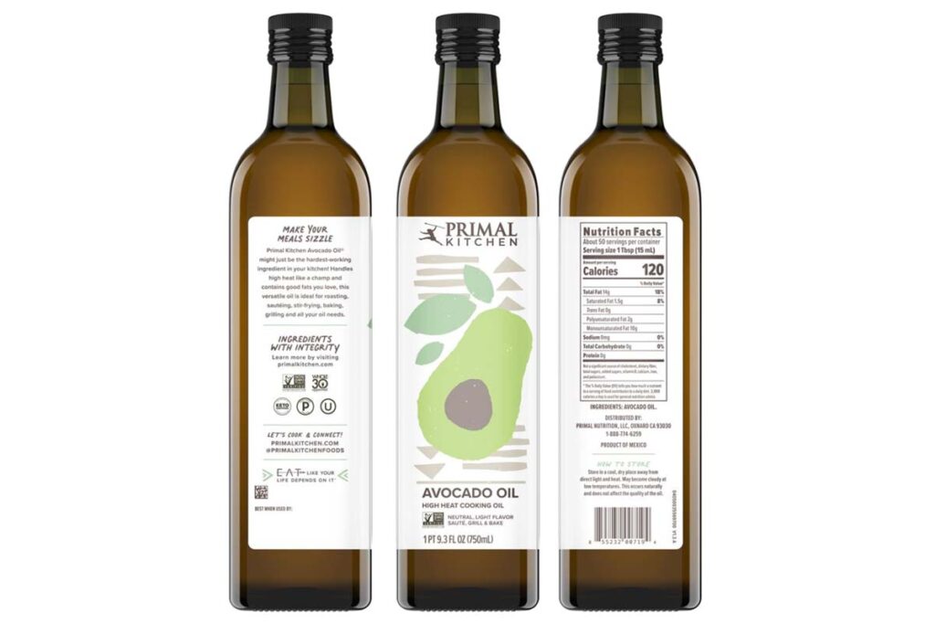 Product label of avocado oil sold by Primal Kitchen, representing the Primal Kitchen avocado oil recall.