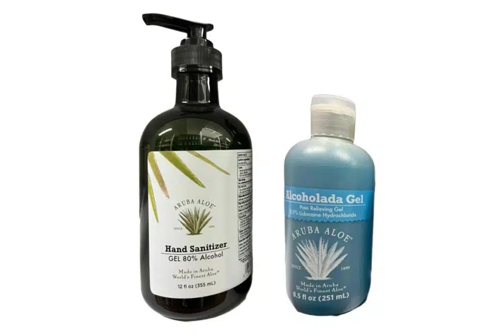 Product photo of recalled hand sanitizers by Aruba Aloe, representing the Aruba Aloe recall.