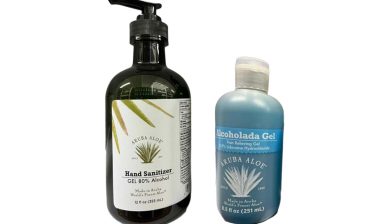 Product photo of recalled hand sanitizers by Aruba Aloe, representing the Aruba Aloe recall.
