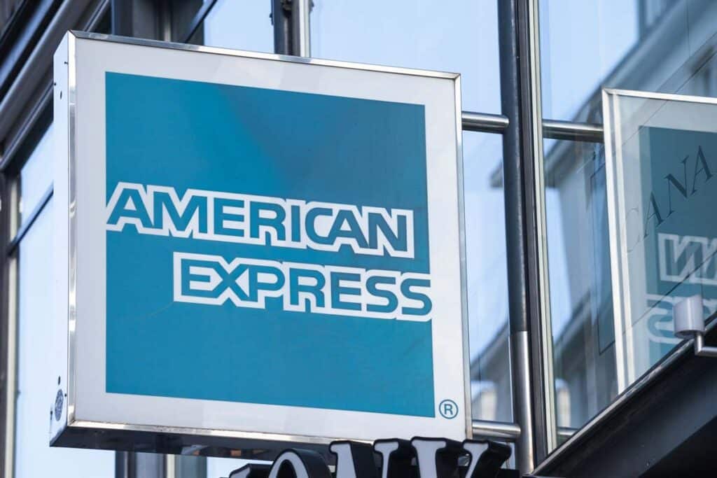 Close up of American Express signage, representing American Express class actions.