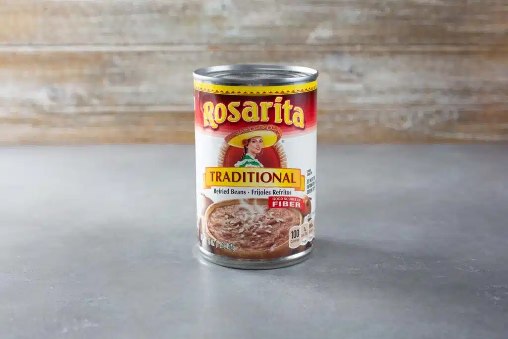 Close up of a Rosarita's refried beans can on a counter, representing the Rosarita refried beans lawsuit.