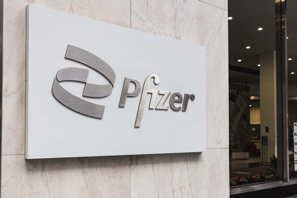 Close up of Pfizer signage, representing the Effexor settlement.