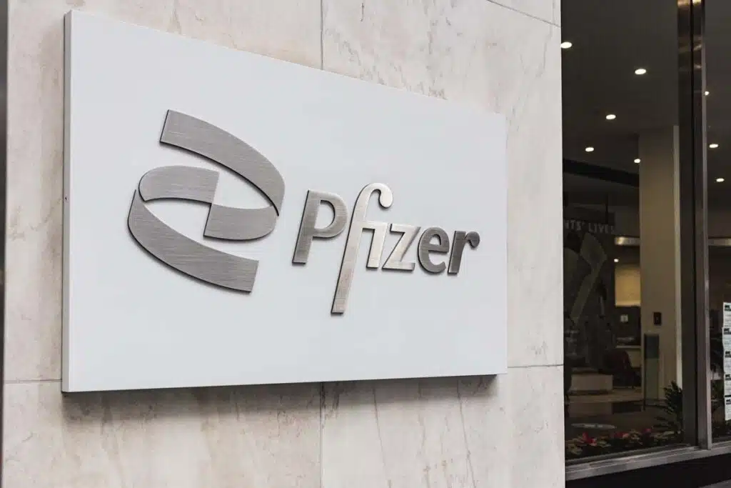 Close up of Pfizer signage, representing the Effexor settlement.