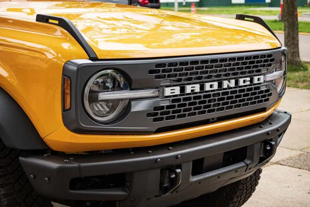 Close up of a 2022 Ford Bronco bumper, representing the Ford Bronco recall.