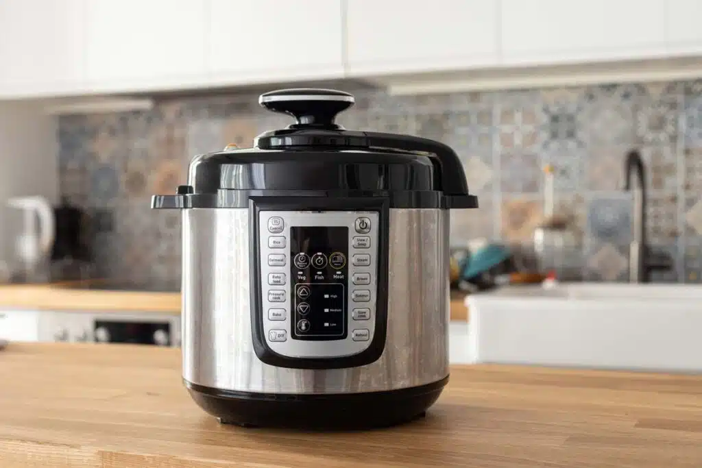 A pressure cooker on a kitchen counter, representing the Sensio pressure cookers recall.