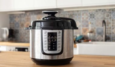 A pressure cooker on a kitchen counter, representing the Sensio pressure cookers recall.