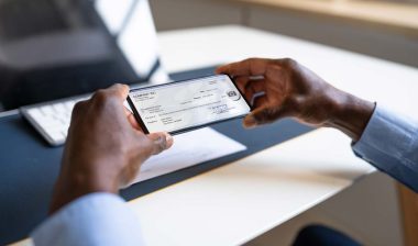 Close up of a check being deposited via mobile app, representing the banks class actions.