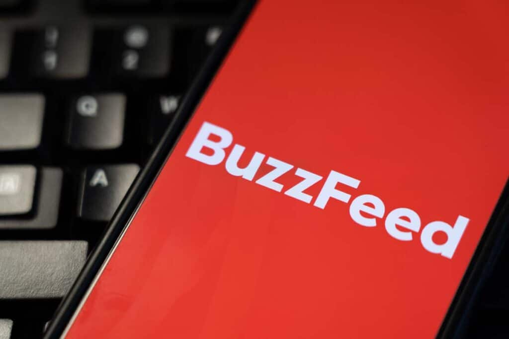 Close up of Buzzfeed logo displayed on a smartphone screen, representing the Buzzfeed class action.