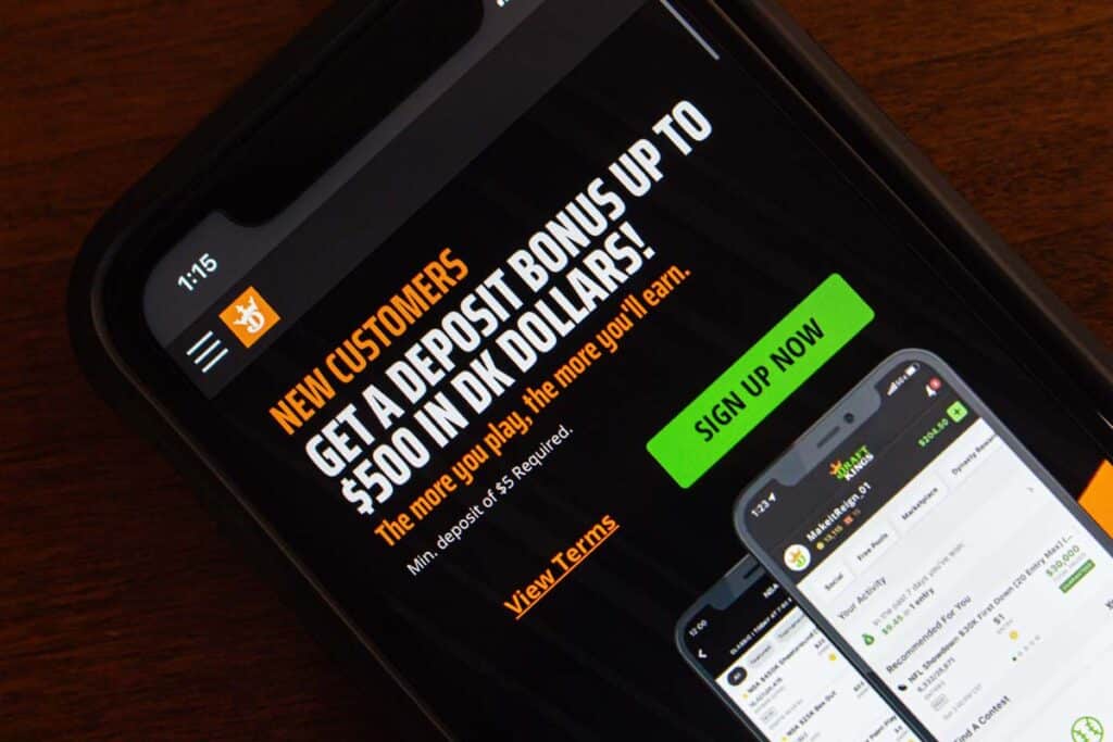 Close up of a Draft Kings promo displayed on a smartphone screen, representing the Draftkings class action.