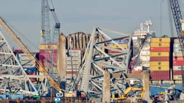 Close up of damage at the Baltimore’s Francis Scott Key Bridge, representing the Baltimore bridge lawsuit.