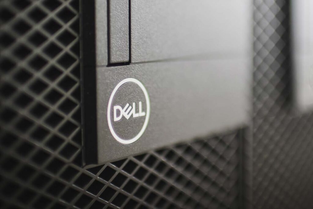 Close up of Dell logo on a PC tower, representing the Dell data breach.