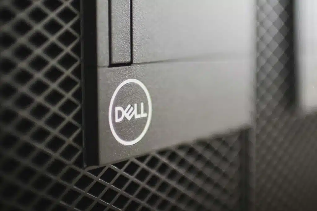Close up of Dell logo on a PC tower, representing the Dell data breach.