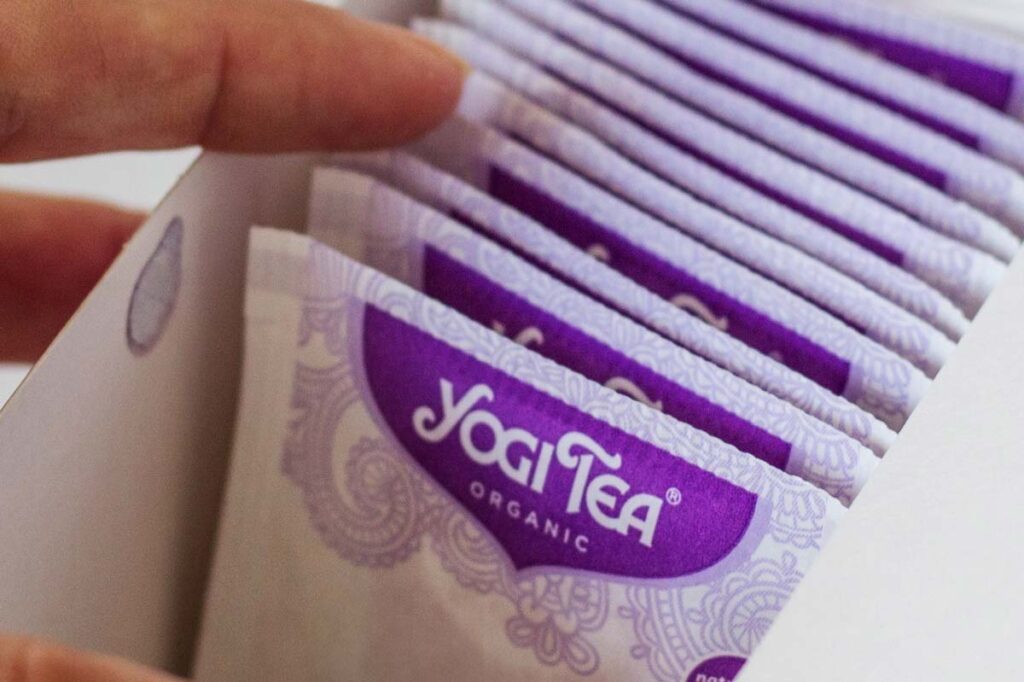 Close up of Yogi Tea packets in a box, representing the Yogi Tea class action.