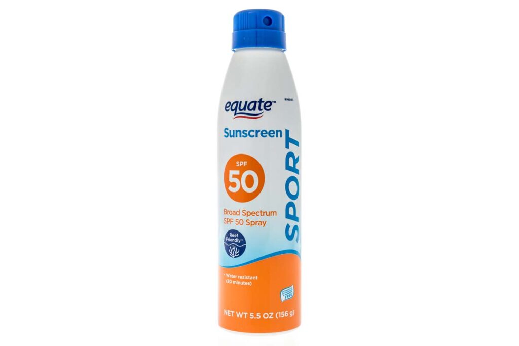 Product photo of Equate aerosol sunscreen, representing the Walmart class action.