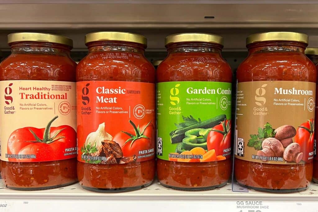 Various Good & Gather pasta sauce products on a Target store shelf, representing the Target class action.