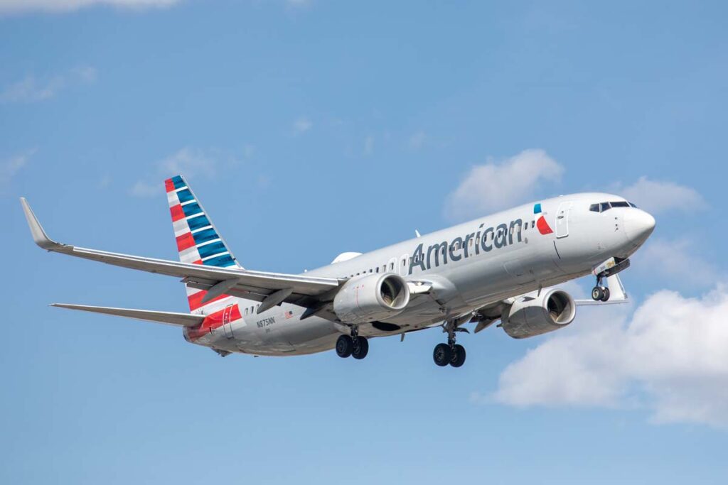 An American Airlines plane getting ready to land, representing the American Airlines lawsuit.