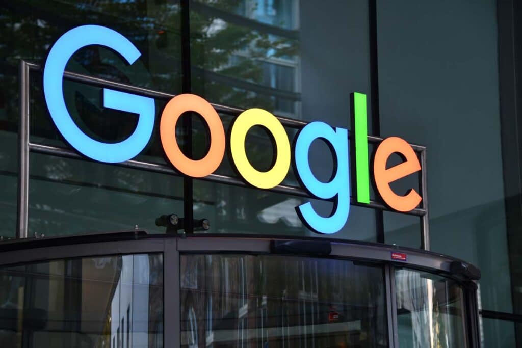 Close up of Google signage above an entrance, representing the Google class action.