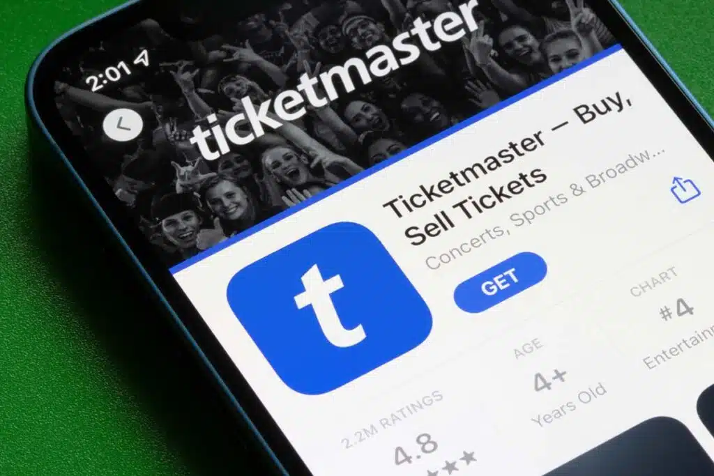 Ticketmaster app download page displayed on a smartphone screen, representing the Live Nation lawsuit.