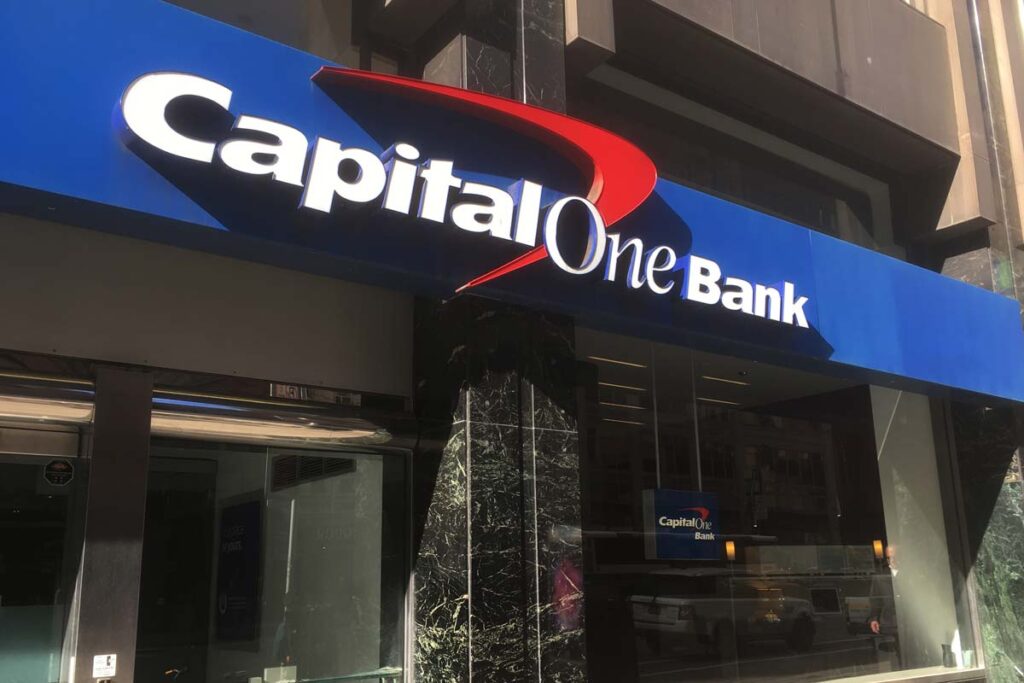 Exterior of a Capital One Bank location, representing the Capital One settlement.