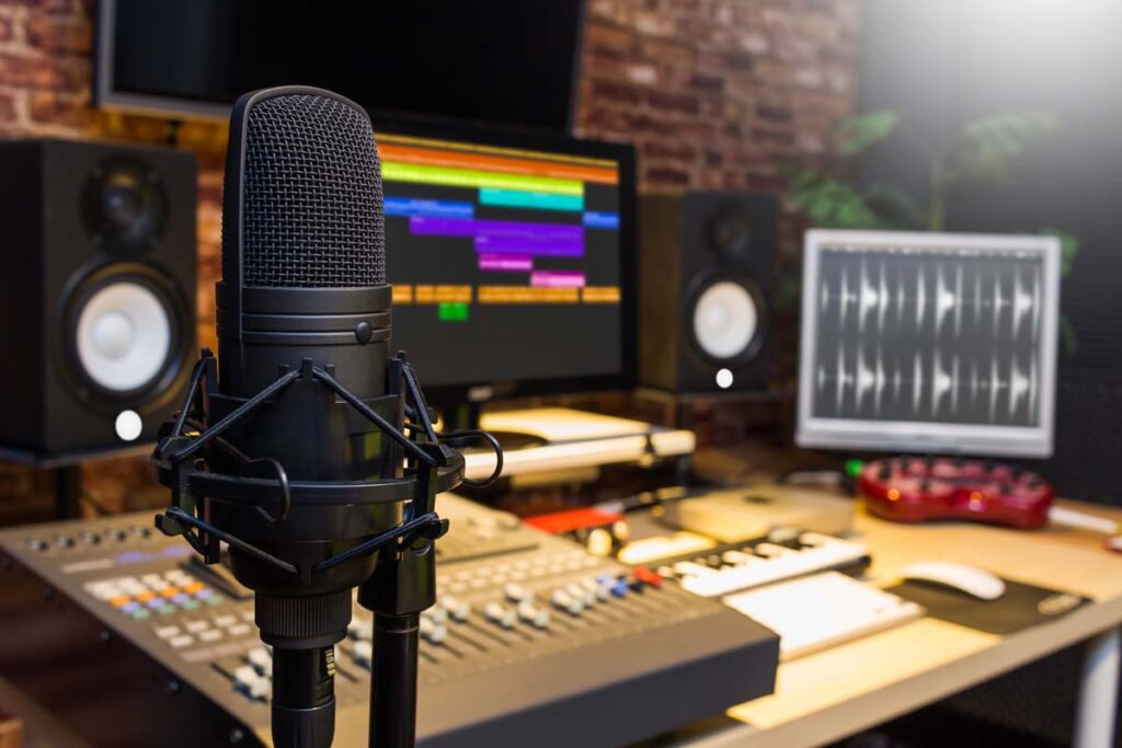 A microphone in a voice actors recording studio, representing the AI class action.