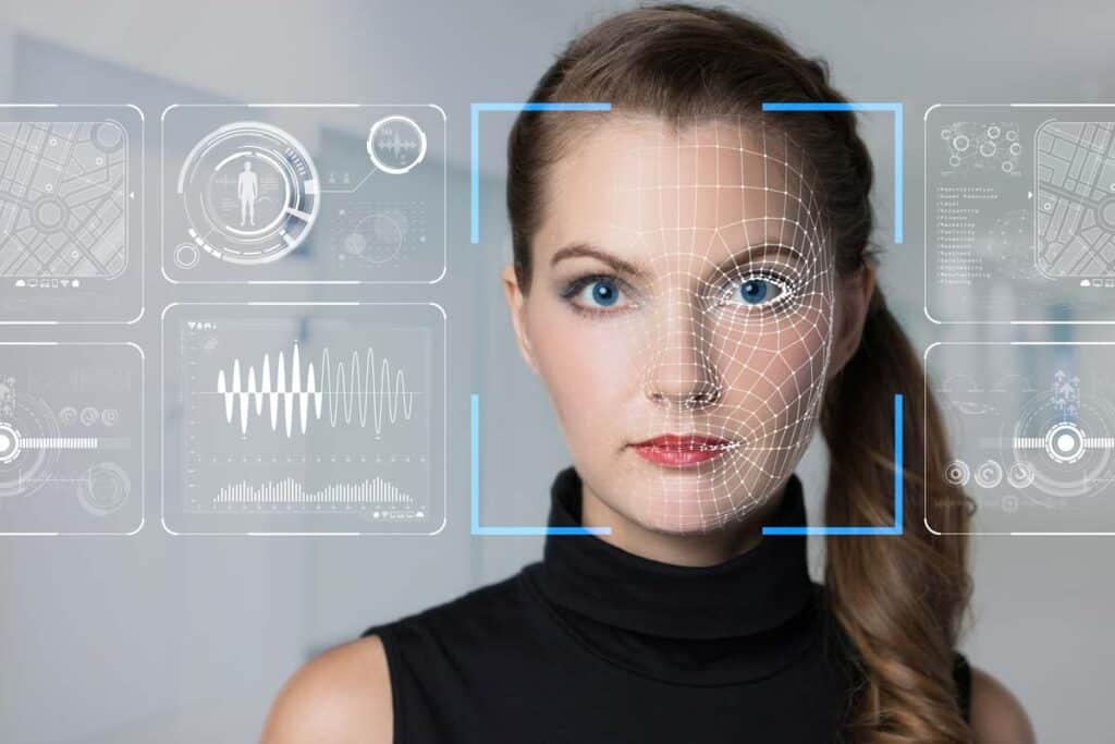 Software of a woman getting a face scan with a biometric data concept overlay, representing biometric privacy class actions.