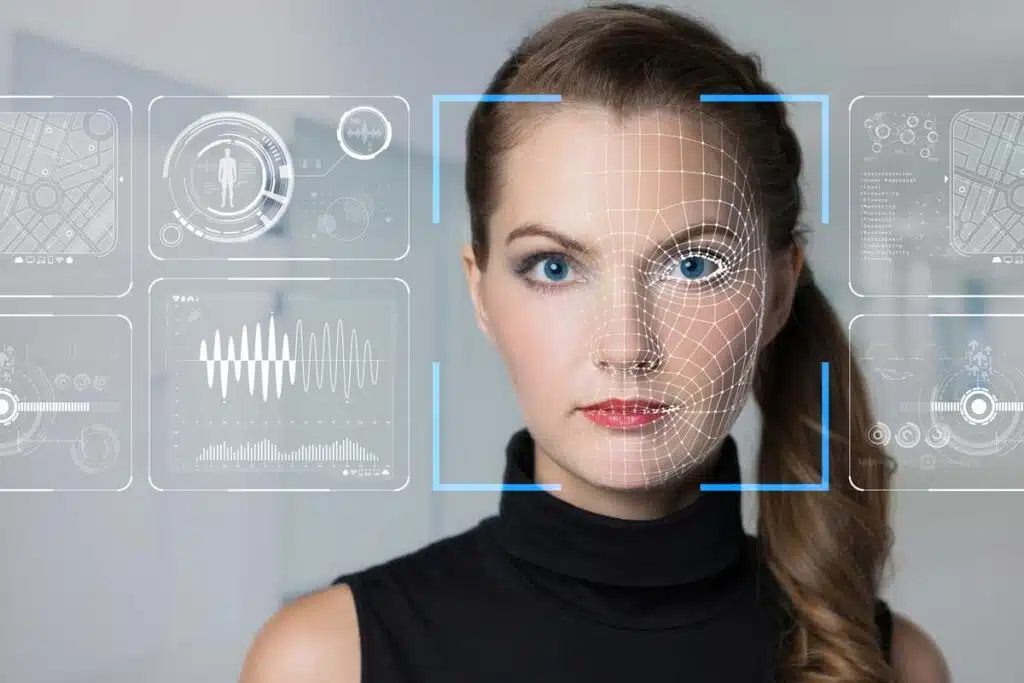 Software of a woman getting a face scan with a biometric data concept overlay, representing biometric privacy class actions.