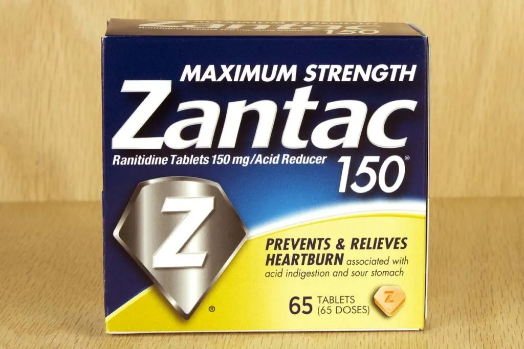 Zantac product packaging in a cabinet, representing the Zantac lawsuits.