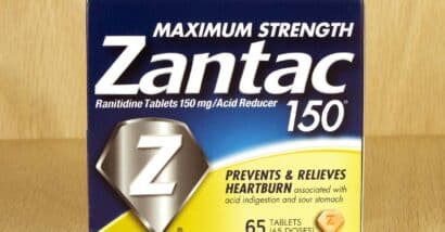 Zantac product packaging in a cabinet, representing the Zantac lawsuits.
