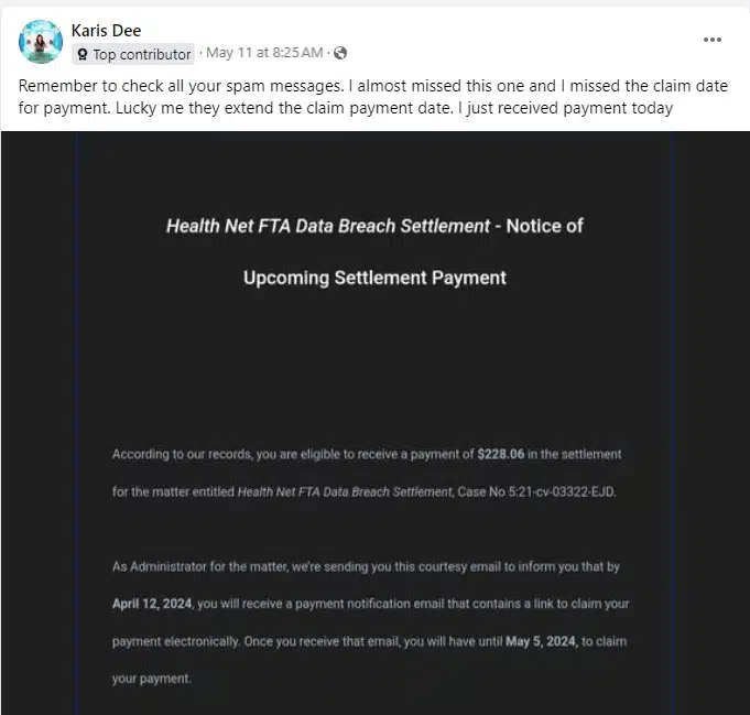 HealthNetFTAdatabreachFB5-11-24 checks in the mail