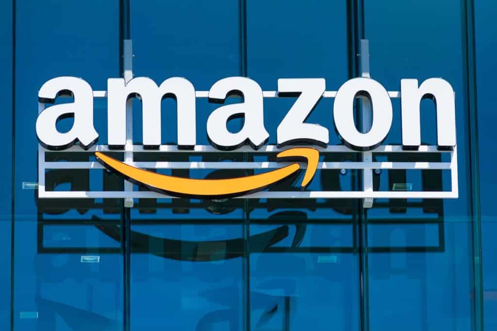Close up of Amazon signage, representing the Amazon class action.