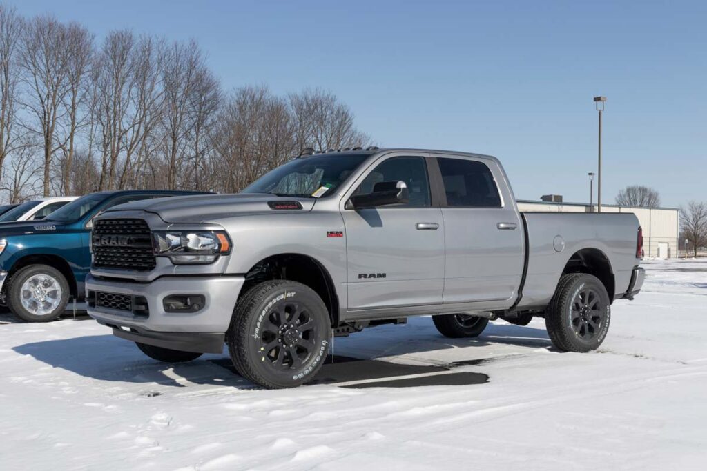 A silver Dodge Ram 2500 on display at a dealership, representing the Chrysler recalls.