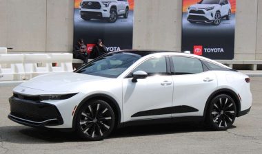 A white Toyota Crown parked on a roadway, representing the Toyota Crown recall.