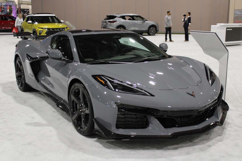 A gray Chevrolet Corvette at an auto show, representing the Chevrolet Corvette recall.