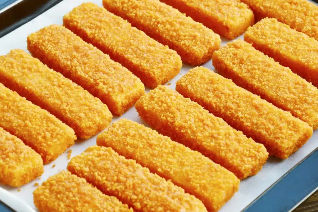 Close up of frozen fish sticks on a cooking tray, representing the frozen fish class action.