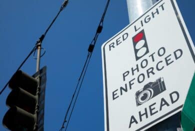 Low angle view on a Photo Enforced Red Light Camera sign