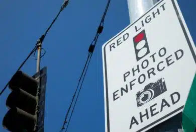 Low angle view on a Photo Enforced Red Light Camera sign