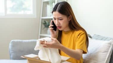 woman opening carton box, received online shopping parcel wrong product order