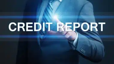 business, technology, internet and networking concept - businessman pressing credit report button on virtual screens