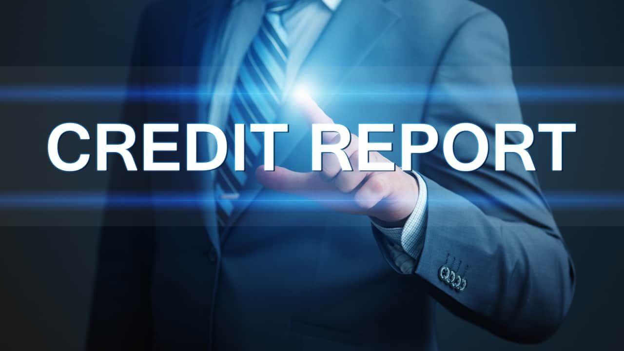 business, technology, internet and networking concept - businessman pressing credit report button on virtual screens