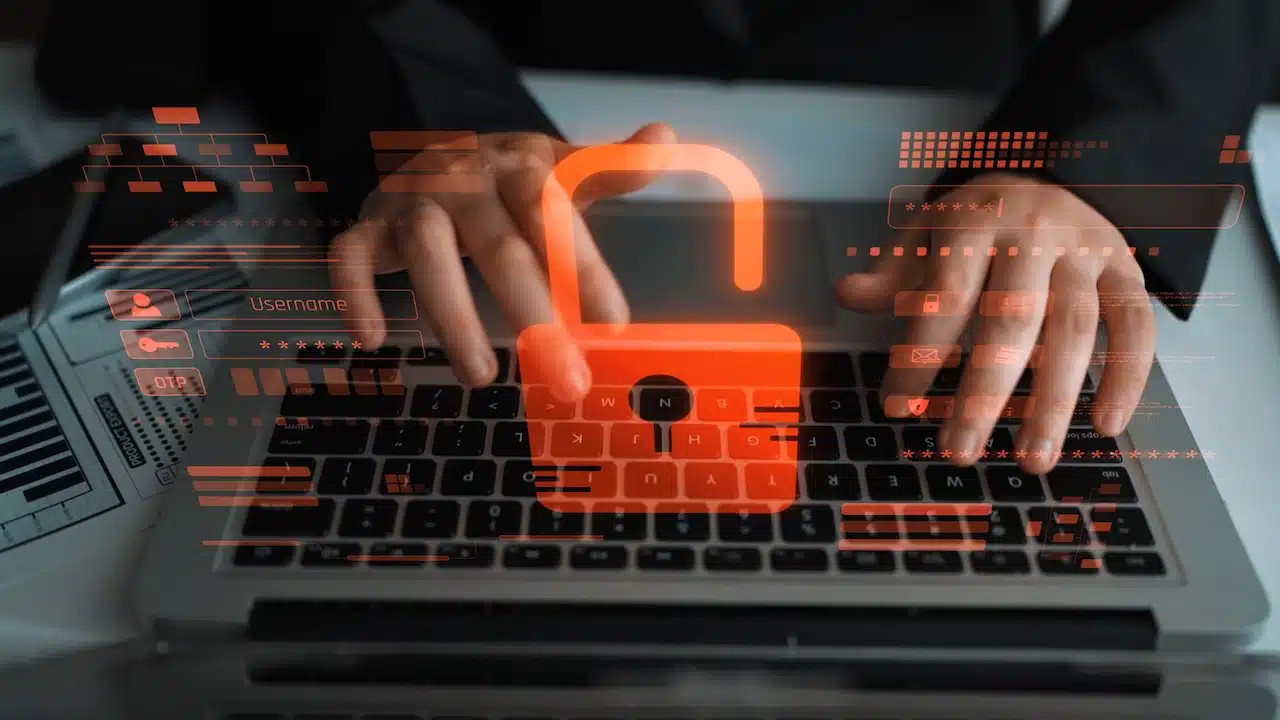 Digital security concept illustrating a cybersecurity breach, with a red unlocked padlock indicating data exposure among secure systems