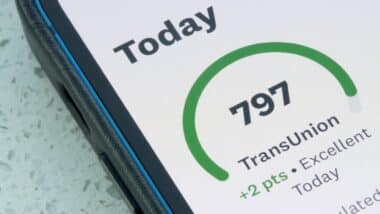 TransUnion credit score is seen from the Credit Karma app on an iPhone.