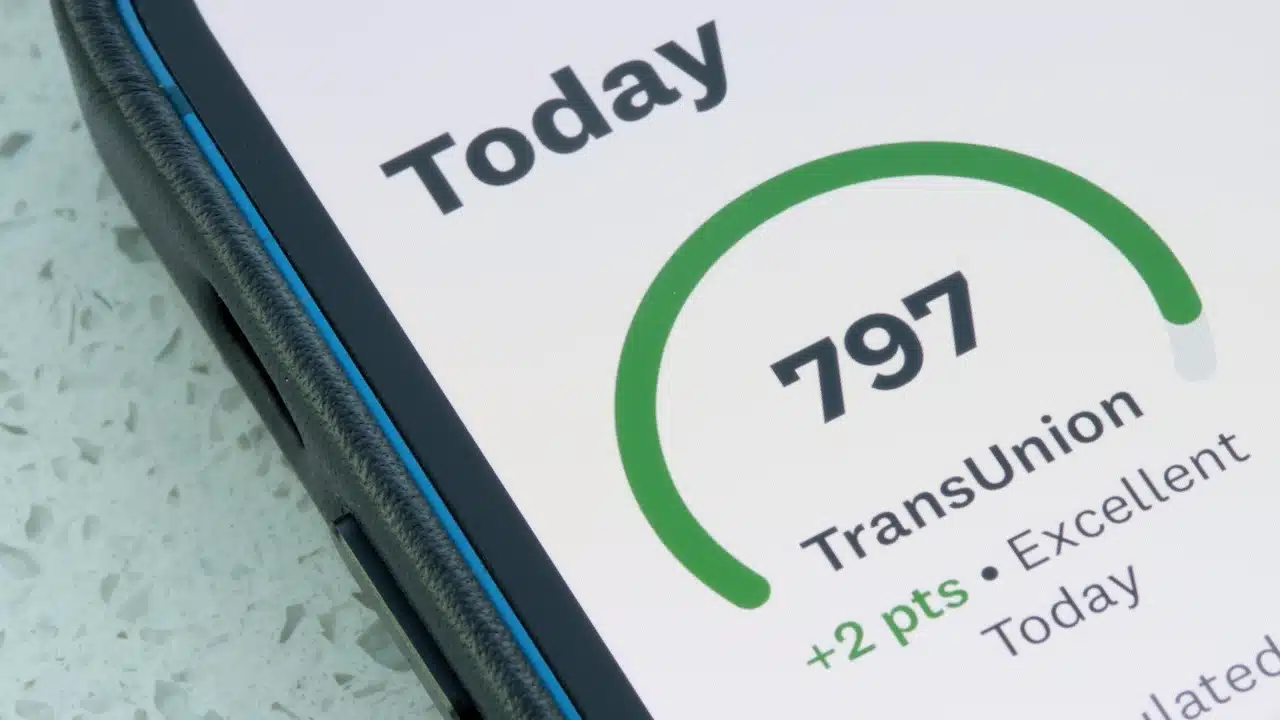TransUnion credit score is seen from the Credit Karma app on an iPhone.