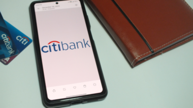 Closeup of Citibank logo,Citi Card is one of products of Citibank