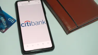 Closeup of Citibank logo,Citi Card is one of products of Citibank